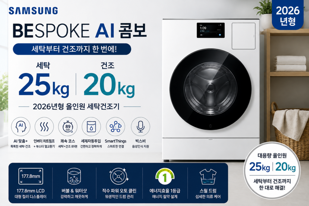삼성전자 Bespoke AI 콤보 LCD 세탁건조기 25kg / 20kg 화이트 방문설치 WD90H25BHW 가격 스펙 장단점 총정리 제품 이미지