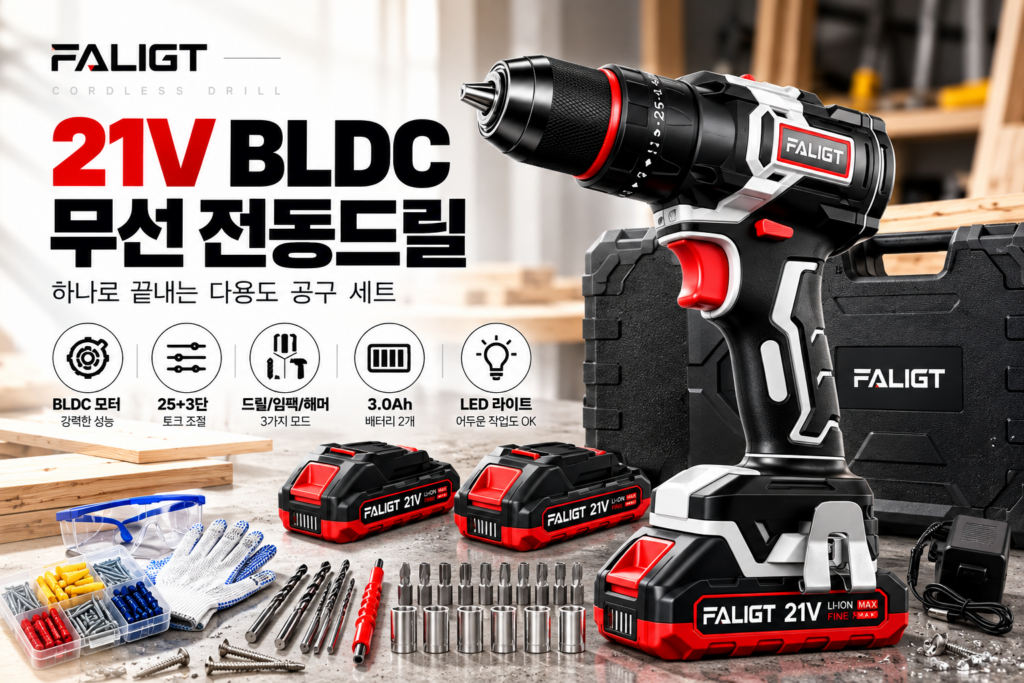 FALIGT 21V BLDC 무선 전동드릴 3.0Ah 배터리 2개 | 해머드릴 공구세트 제품 이미지
